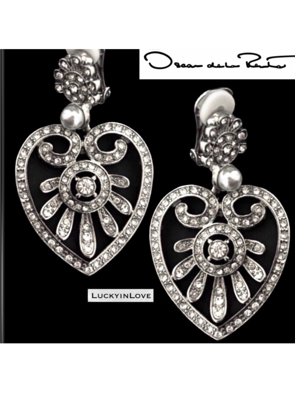 Oscar de la Renta • Antiqued Crystal Silver Heart Pearl Earrings